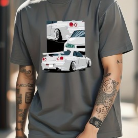 Cotton Car Painting Print, Men's Graphic Design Crew Neck T-shirt, Casual Comfy Tees Tshirts For Summer, Men's Clothing Tops For Daily Vacation Resorts