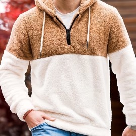Cool Fluffy Thermal Hoodies For Men, Men's Casual Color Block Polar Fleece Pullover Hooded Sweatshirt With Kangaroo Pocket Streetwear For Winter Fall, As Gifts