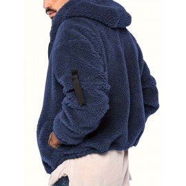 Cool Fluffy Solid For Men, Men's Casual   Polar Fleece Pullover Hooded Sweatshirt With Zipper Streetwear For Winter Fall, As Gifts